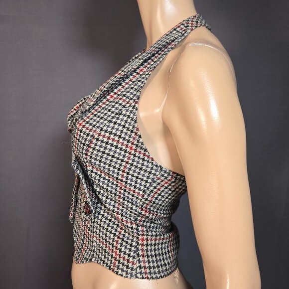 Y2K Vest Waistcoat Fitted Houndstooth Size XS Academia Office Siren Beige Black - Picture 7 of 12